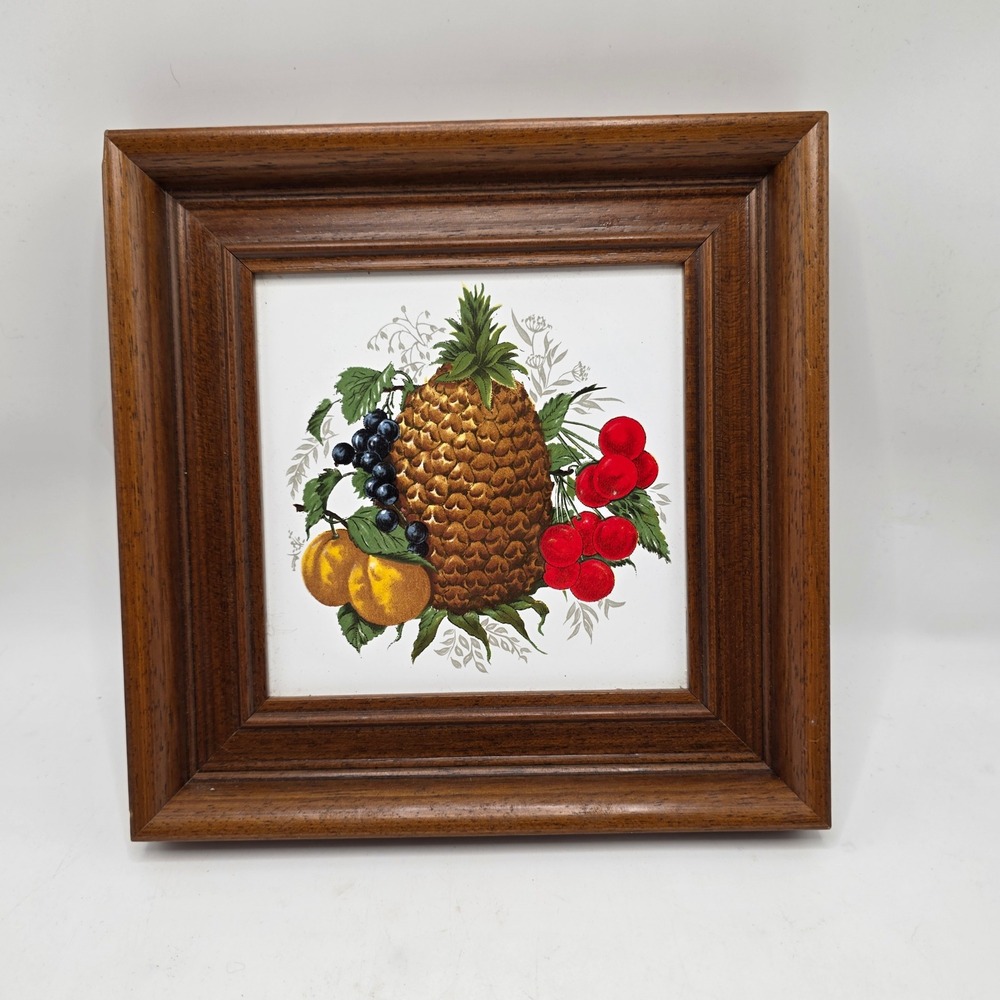 Vintage Fruit Still Life Framed Ceramic Tile Art Pineapple Brown Wood MCM Decor